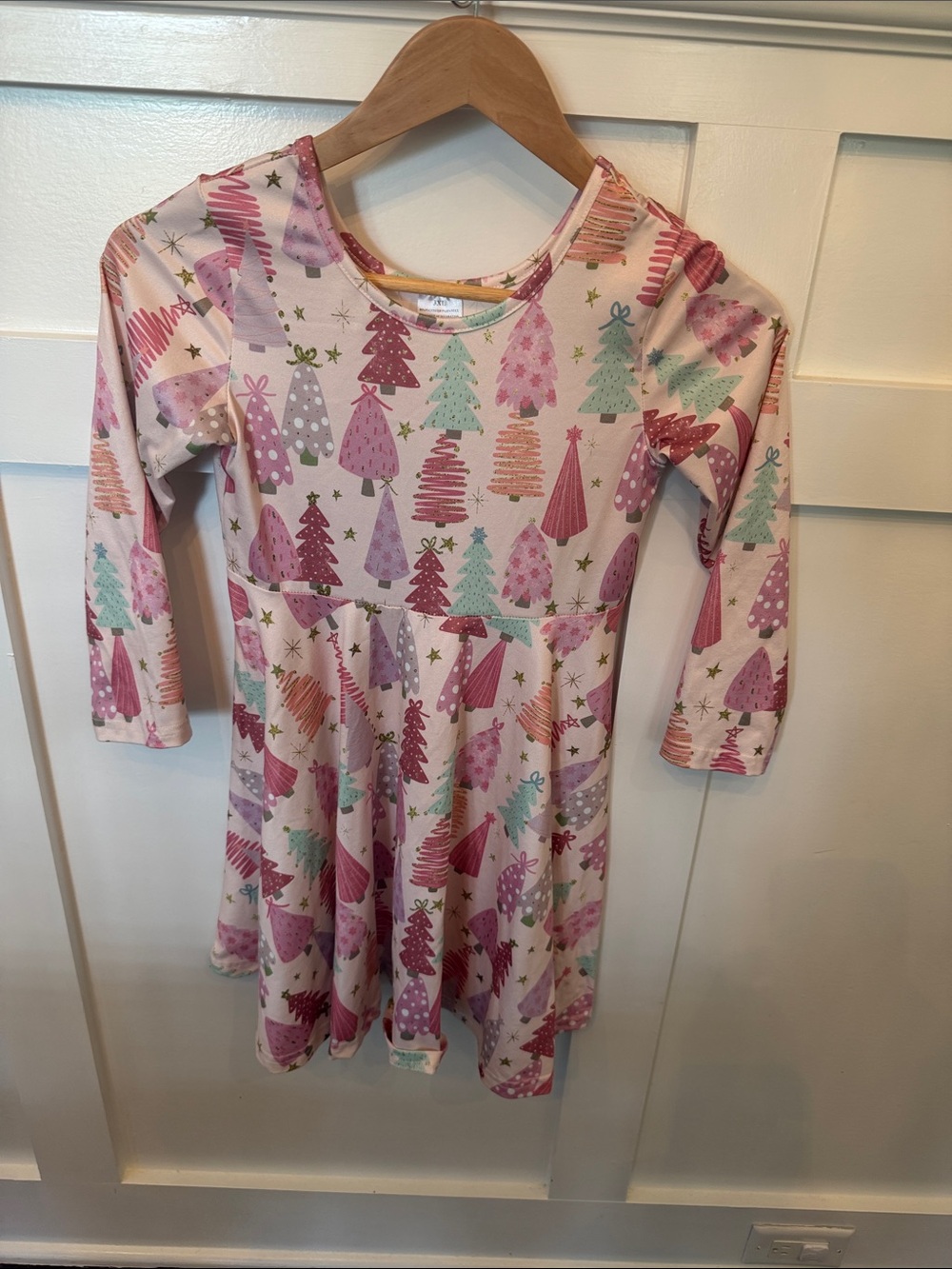 Girls Holiday Tree Print Long Sleeve Dress - Pink, Mint, Purple